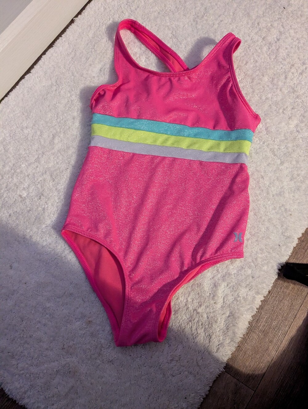 Hurley Hot Pink Girls' One-Piece Swim with Aqua, Yellow, Lavender Stripes
